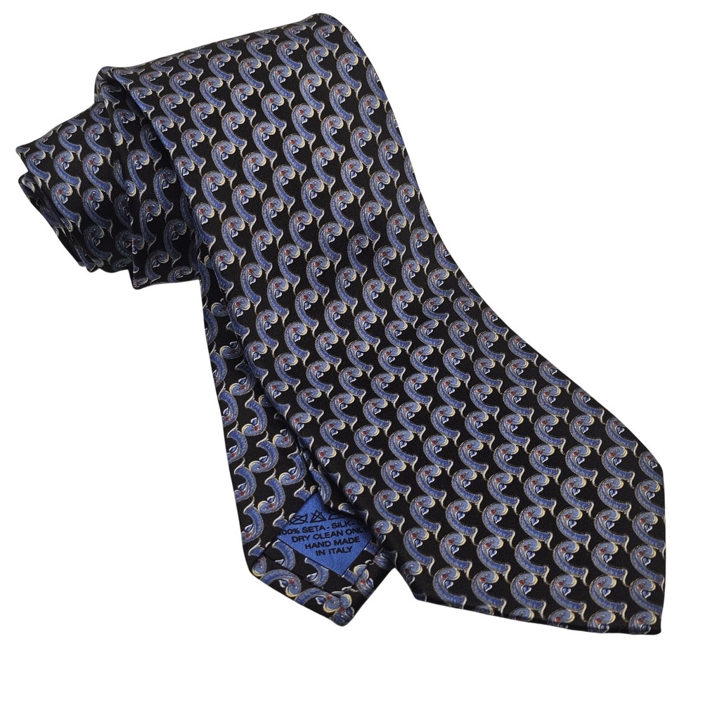 Brioni Silk Tie Black Blue Gold Paisley Waves Italian Luxury Professional Formal